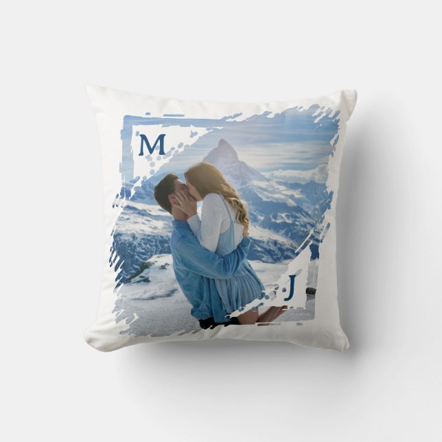 Coussin Blue Couple Photo Keepsake First Christmas Engaged (Recto)
