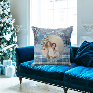 Coussin Blue Cozy Plaid Snowy Winter Photo Christmas