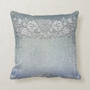 Coussin Blue Denim Jean et White Heart Lace