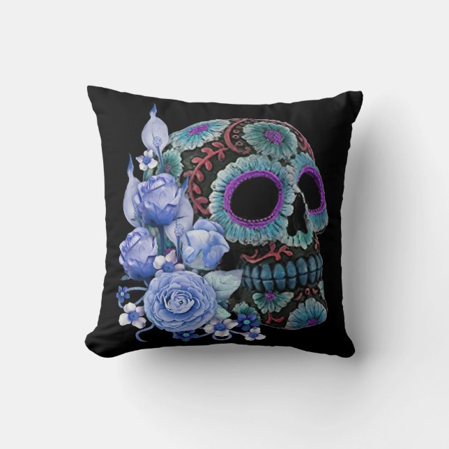Coussin Blue Floral Black Sugar Skull Jour des morts (Recto)