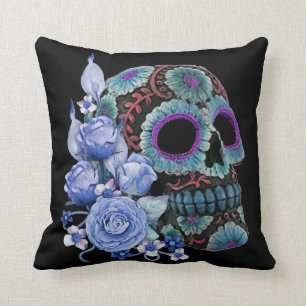 Coussin Blue Floral Black Sugar Skull Jour des morts