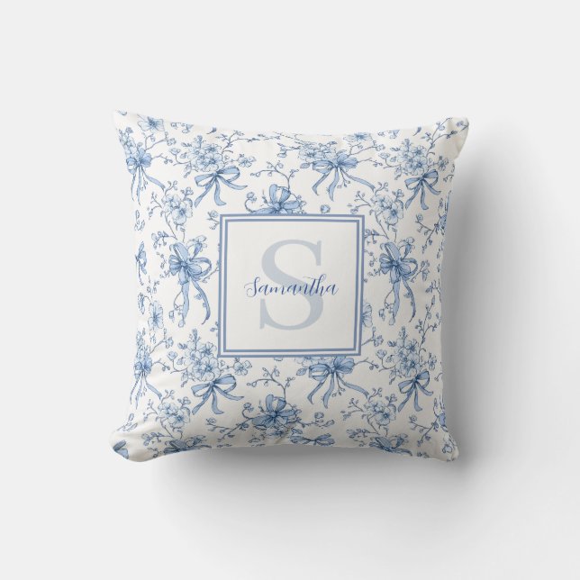 Coussin Blue Floral French Toile Monogram Name (Recto)