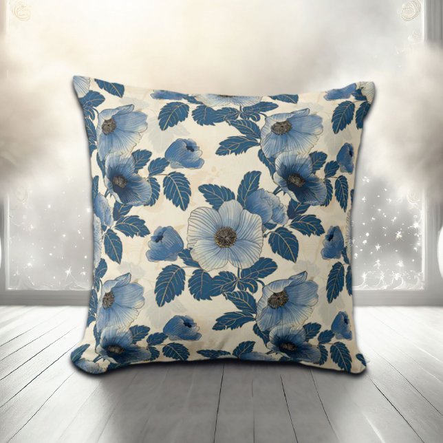 Coussin Blue Floral Gold Parties scintillant japonais Ukiy (Créateur téléchargé)