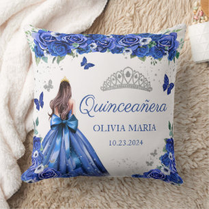Coussin Blue Floral Silver Princesse Tiara Quinceanera