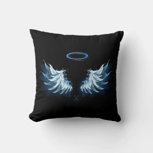 Coussin Blue Glowing Angel Wings on black background