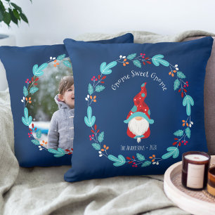 Coussin Blue Gnome Sweet Gnome Elf Photo Floral Wreath