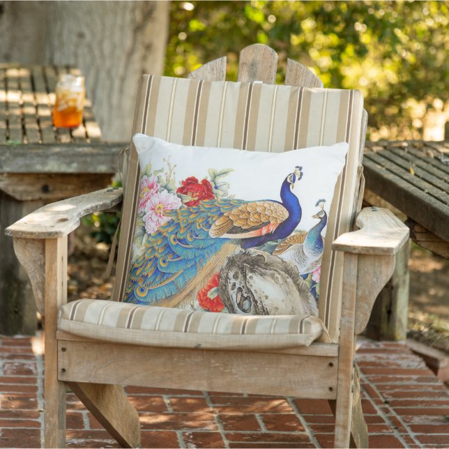 Coussin Blue Gold Feather Peacock Bird Floral Patio (Chaise)