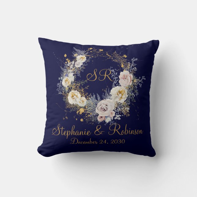Coussin Blue Gold Floral Monogramme Logo Mariage Cadeau (Recto)