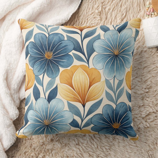 Coussin Blue & Gold Floral Throw Pillow (Couverture)