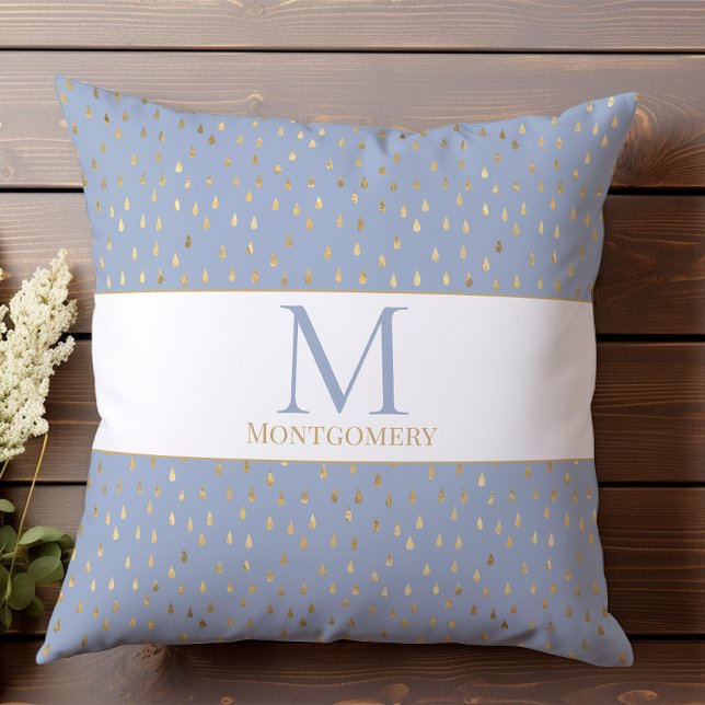 Coussin Blue Gold Raindrop Moderne Monogramme tendance (Créateur téléchargé)