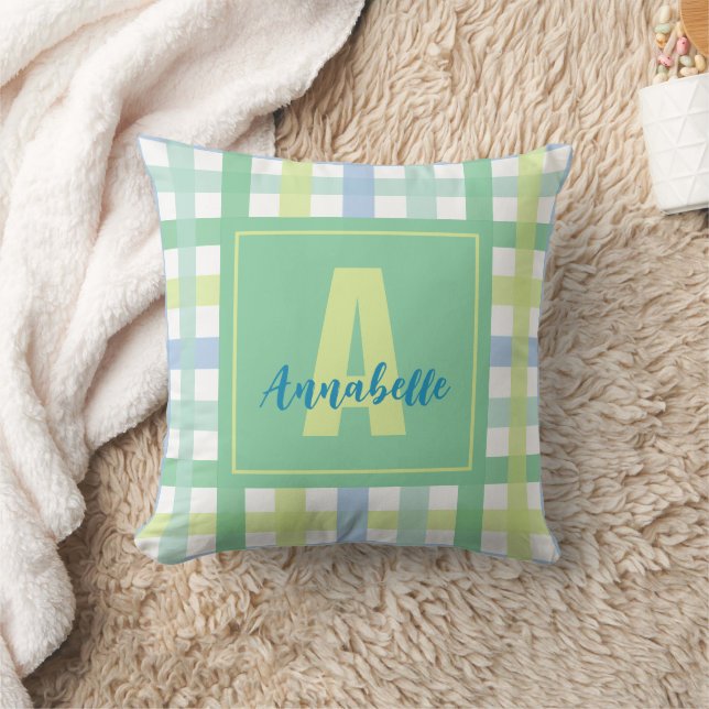 Coussin Blue Green Lime Pastel Moderne En vichy Monogramme (Couverture)