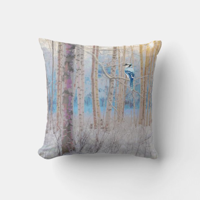 Coussin Blue Grey Blue Jay Oiseaux Forêt Arbres Art (Recto)