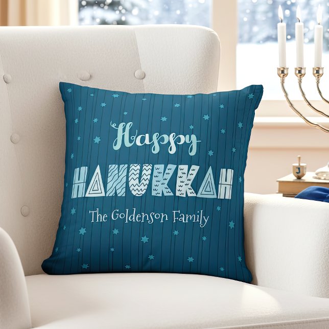 Coussin Blue Happy Hanoukka Typographie Star of David Nom (Créateur téléchargé)