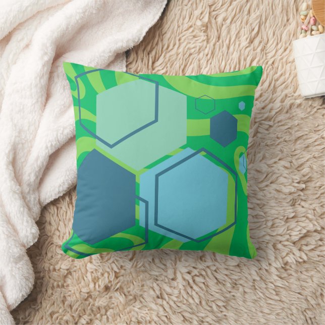 Coussin Blue Hexagon Green Wave Abstrait Throw Pillow (Couverture)