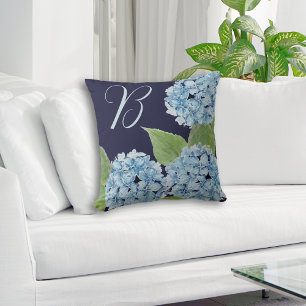 Coussin Blue Hydrangea avec initial sur Arrière - plan de