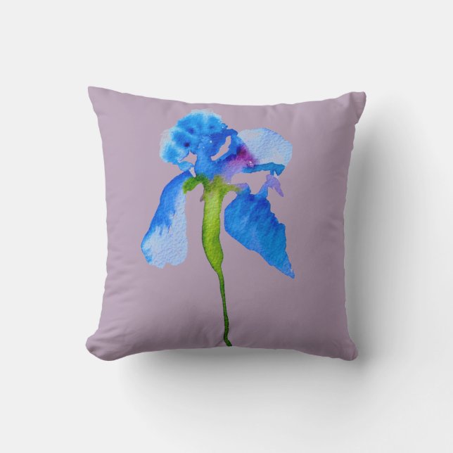 Coussin Blue Iris aquarelle fleurie grande fleurs (Recto)