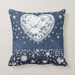 Coussin Blue Jean Denim & Diamonds Bling Diamond Heart