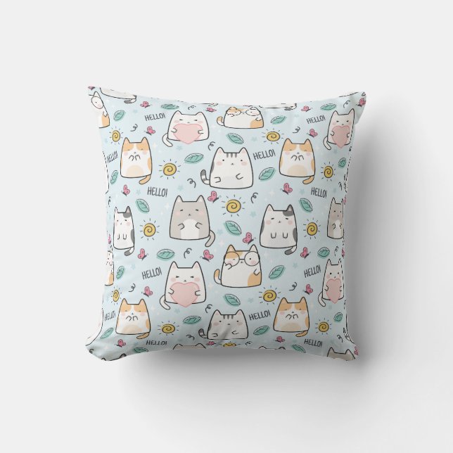 Coussin Blue Kawaii Cute Cats Bonjour Motif (Recto)