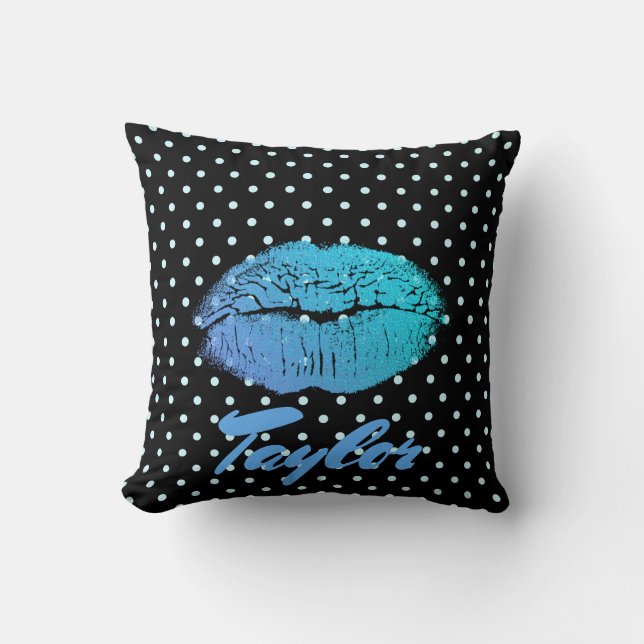 Coussin Blue Lips Kiss Black and blue polka point motif (Recto)