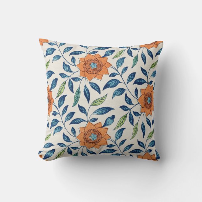 Coussin Blue & Orange Floral Pattern (Recto)