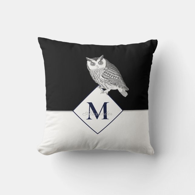 Coussin Blue Owl Grey Monogramme Nom Salle de bain Bain Ma (Recto)