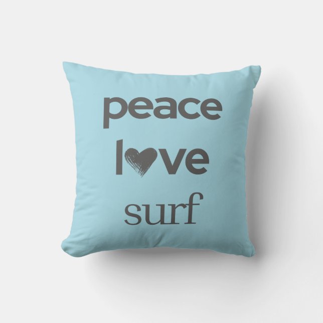 Coussin Blue Peace Love Surf | Maison de plage réversible (Recto)