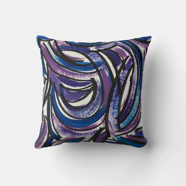 Coussin Blue Purple Brushstrokes-Hand Painted Abstract (Verso)