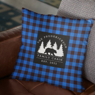 Coussin Blue Rustic Plaid Bear Woods Cabine de famille