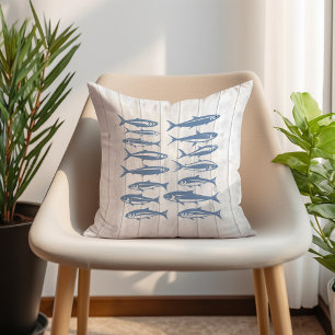 Coussin Blue Sardines Sea Life Océan Nautique Blanc Bois