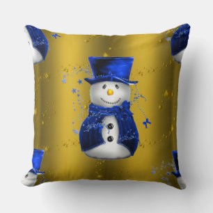 Coussin Blue Snowman sur Gold Christmas