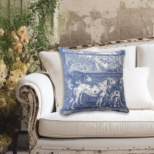 Coussin Blue Toile de Jouy Chasse Chiens en Campagne