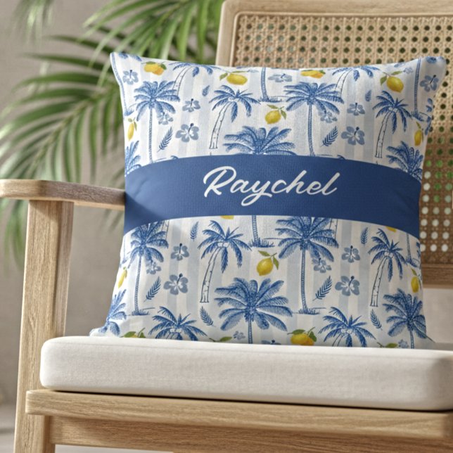 Coussin Blue Toile Palm Trees Lemons Monogram Name (Créateur téléchargé)