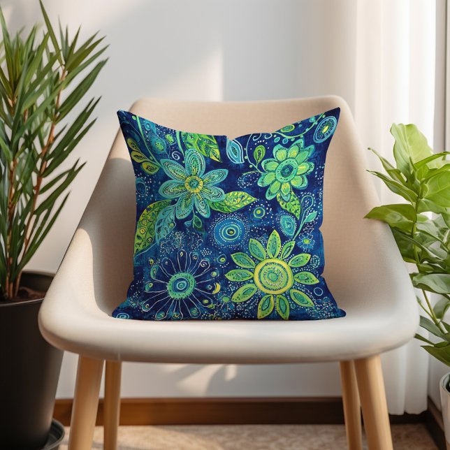 Coussin Blue Turquoise Lime Vert Bohème Floral (Blue Teal Lime Green Bohemian Floral Throw Pillow)