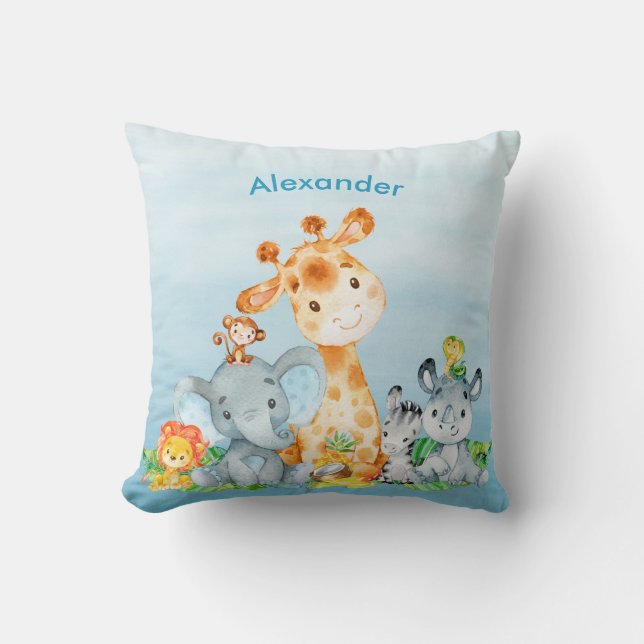 Coussin Blue Watercolor Cute Safari Jungle Animaux (Recto)