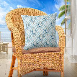 Coussin Blue Watercolor Floral & Diagonal Stripes Coastal 