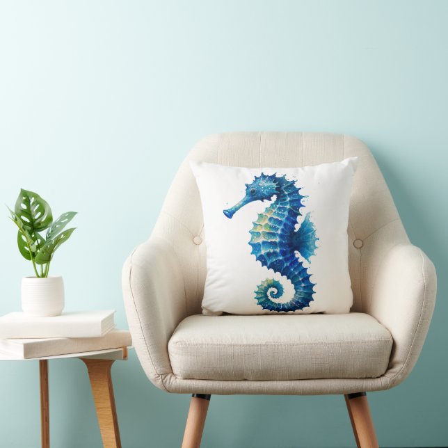 Coussin Blue Watercolor Seahorse Throw Pillow (Chaise)