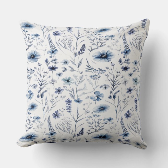 Coussin Blue Watercolor Wildflower Botanical Throw Pillow (Recto)