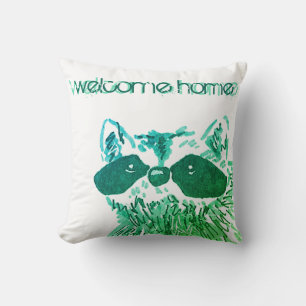 Coussin Blue Welcome Accueil Bois Animal Raccoon
