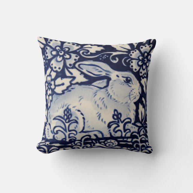 Coussin Blue White Repose Rabbit Lièvre Marine Chinoiserie (Recto)