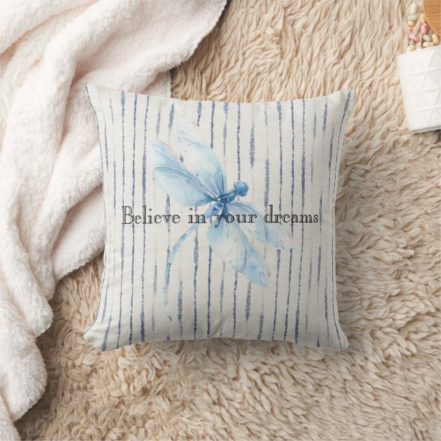 Coussin Blue White Stripes Dragonfly Believe (Couverture)