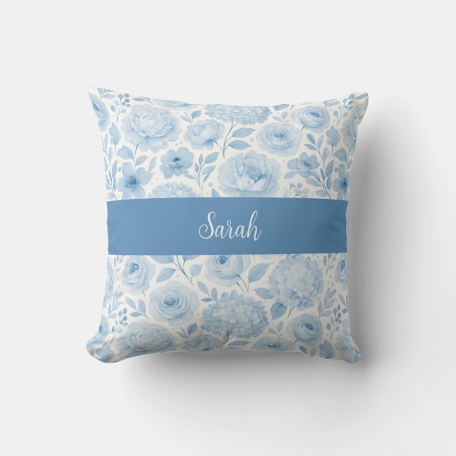 Coussin Blue White Watercolor Floral Monogram Name (Recto)