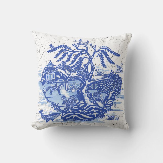 Coussin Blue Willow Animal Pagode Jardin Scène Chinoiserie (Recto)