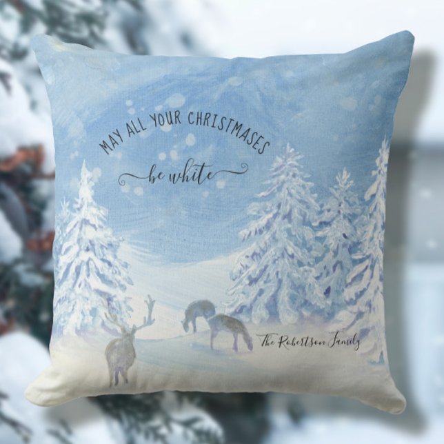 Coussin Blue Winter Snow Christmas be White Nom de famille (Créateur téléchargé)