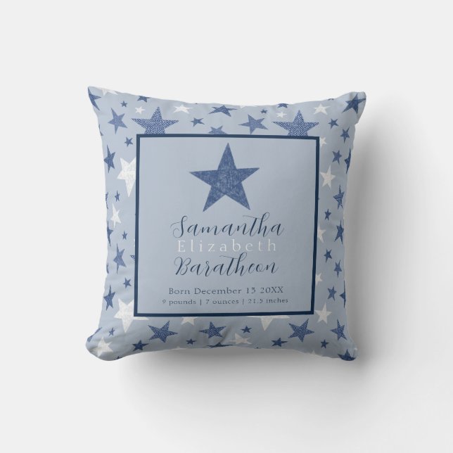 Coussin Blue Winter Stars Personnalisé Baby Birth Stat (Recto)