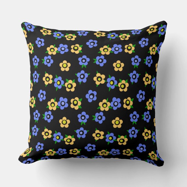 Coussin Blue yellow flowers on black background retro (Recto)