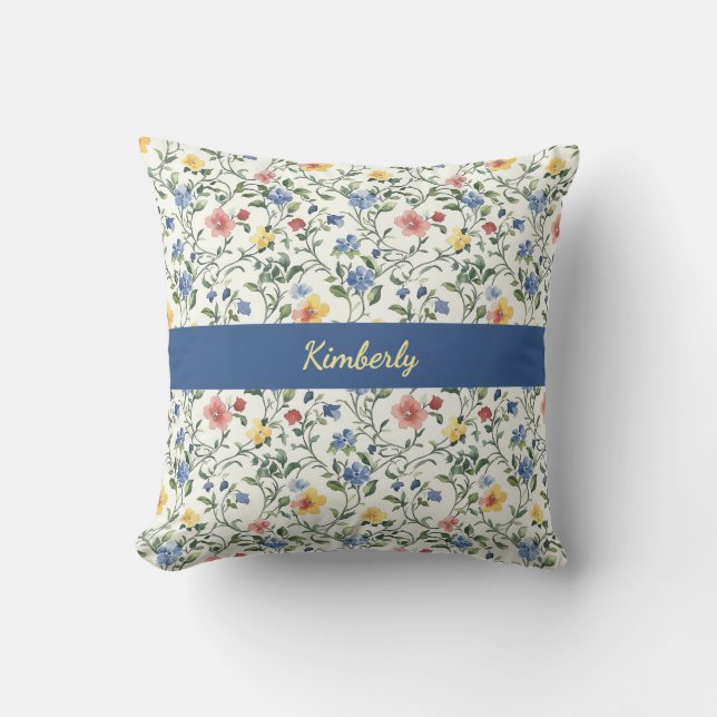 Coussin Blue Yellow Watercolor Wildflower Monogram Name (Recto)