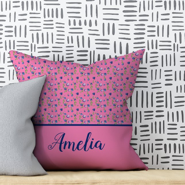 Coussin Blueberry aquarelle motif mignon nom rose (Créateur téléchargé)