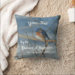 Coussin Bluebird Of Happiness Inspirational Personalized<br><div class="desc">A pretty little bluebird wintering over resting on a branch against a backdrop of snow with the inspirational words May the bluebird of happiness always reside within you.  Personalize with your text.  Nature photography by Susan.</div>