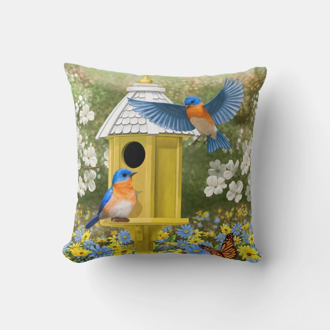 Coussin Bluebirds et Tall Yellow Birhouse (Recto)