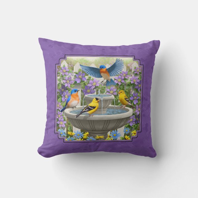 Coussin Bluebirds Goldfinches Fleur Jardin Bain pourpre (Recto)